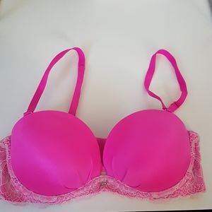Victoria's Secret Strapless Lace Trim Bra Pink Sz 32B
